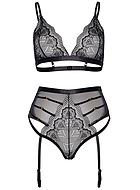 Seductive lingerie set, lace, built-in garter belt, thin straps